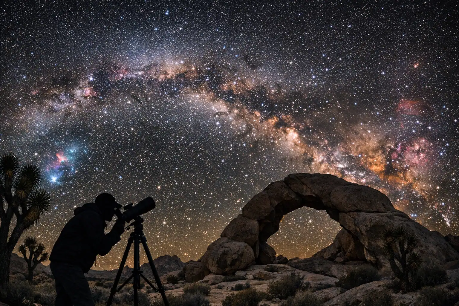 Levendige Melkweg die zich uitstrekt boven een woestijnlandschap met natuurlijke rotsboog en sterrenhemel