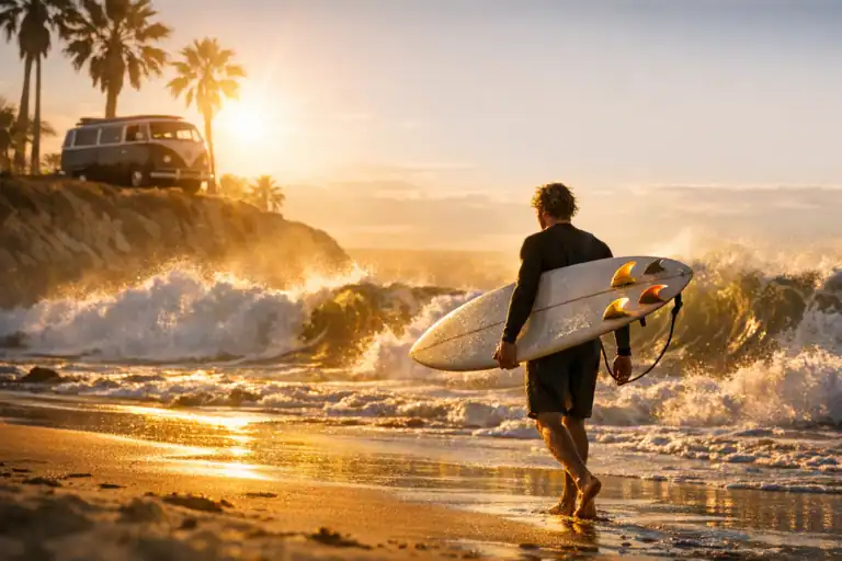 Surfer lopend over een Californisch strand bij gouden uur met surfplank, VW-busje op de klif en palmbomen