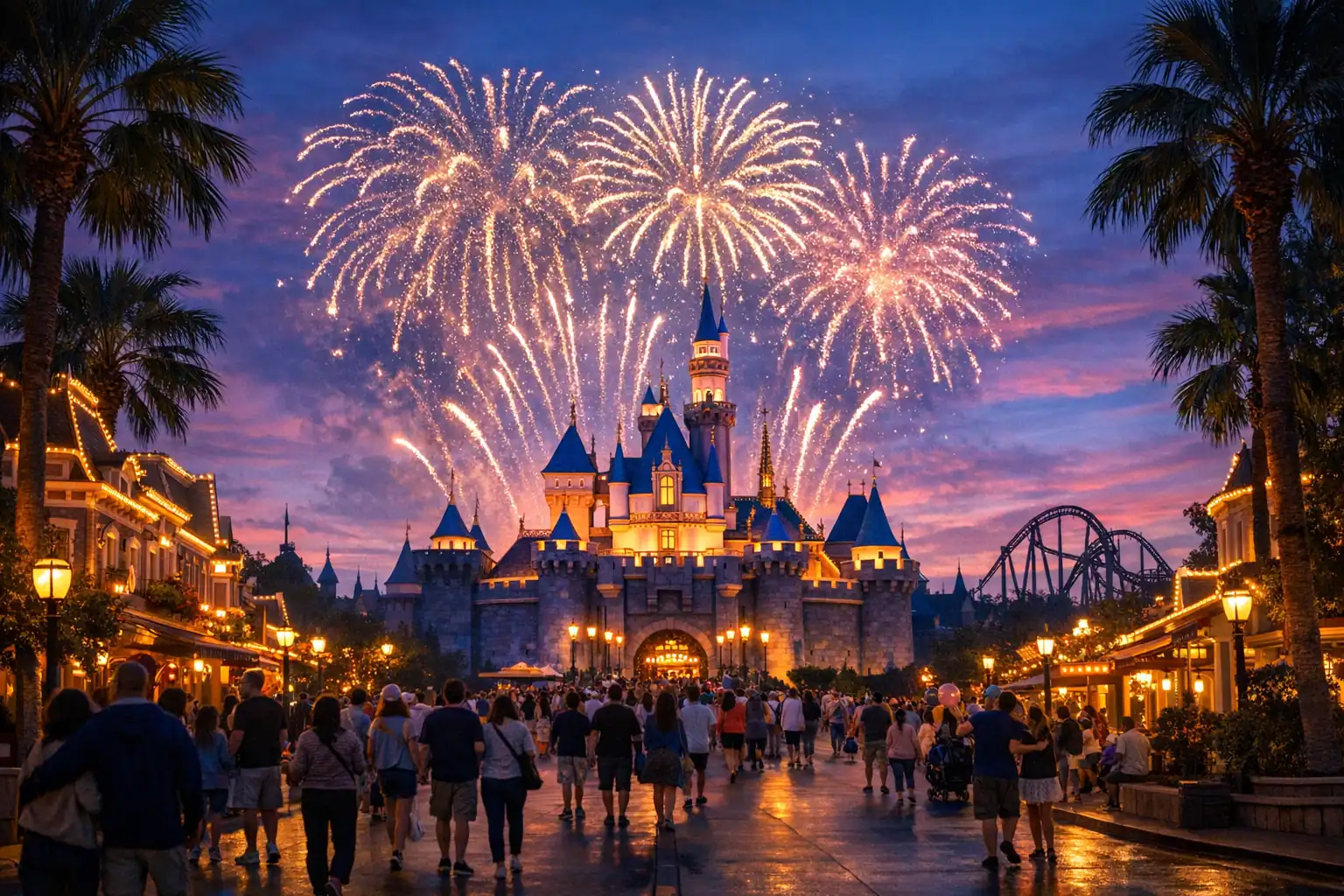 Betoverend sprookjeskasteel verlicht bij schemering met vuurwerk, palmbomen en gezinnen op een feestelijke hoofdstraat