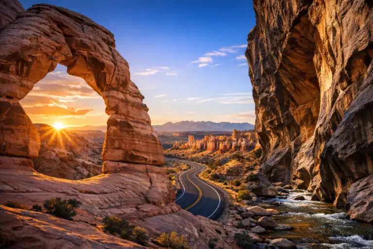 Schilderachtige woestijnweg door rood rotslandschap in Utah met Delicate Arch en Bryce Canyon hoodoos