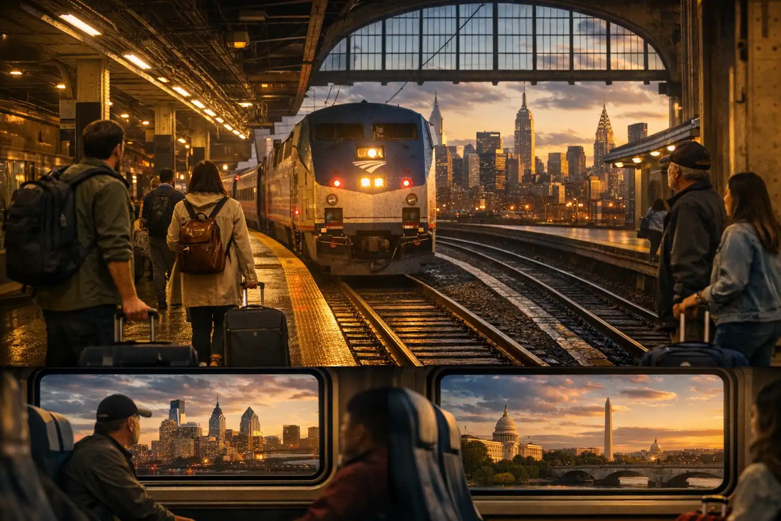 Amtrak-trein arriveert in een monumentaal station met stadssilhouet zichtbaar door de ramen