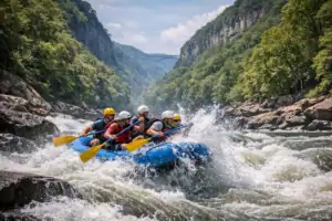 Whitewater rafting door klasse IV stroomversnellingen in New River Gorge met steile kloofwanden en groen bos