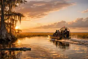 Airboat in de Everglades bij gouden uurlicht met alligator in het water, sawgrass prairie en cipressen met Spaans mos