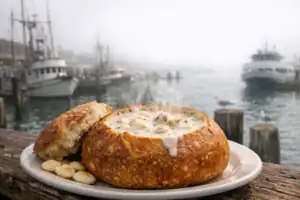 Dampende clam chowder in sourdough broodkom op Fisherman's Wharf San Francisco met boten en zeemist